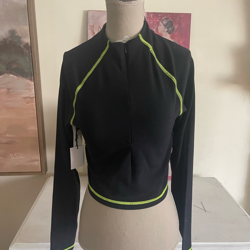 TNA Black Activewear Venice Top with Neon Green Trim